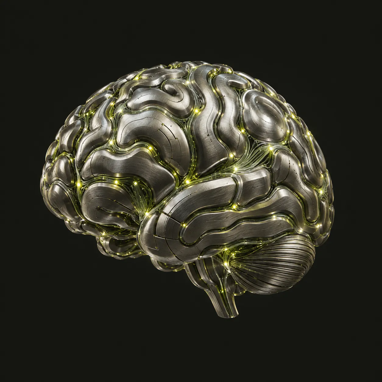 A floating sculptural brain made of machined metal and illuminated pathways.
